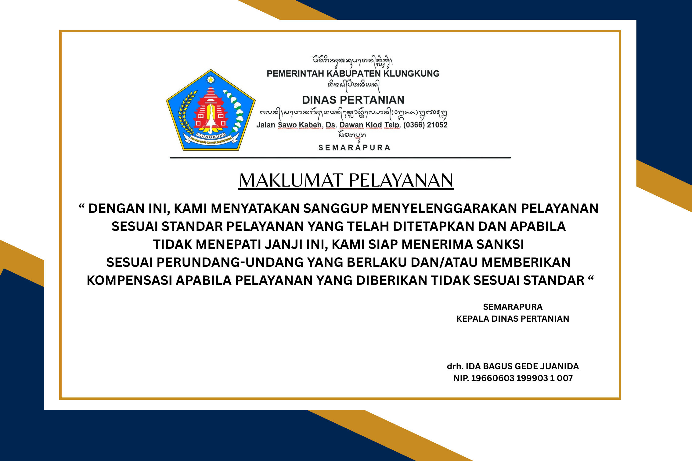 Maklumat Pelayanan Dinas Pertanian Kabupaten Klungkung